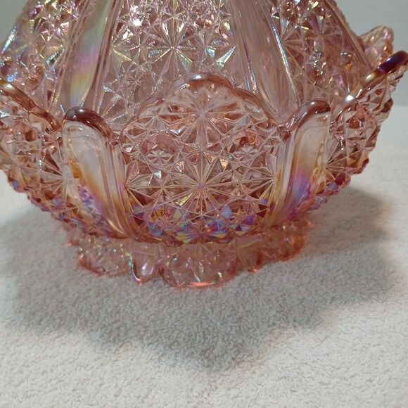 Vintage Fenton Pink Iridescent Daisy & Button Glass Covered Dish 10" × 9"in - Picture 4 of 16